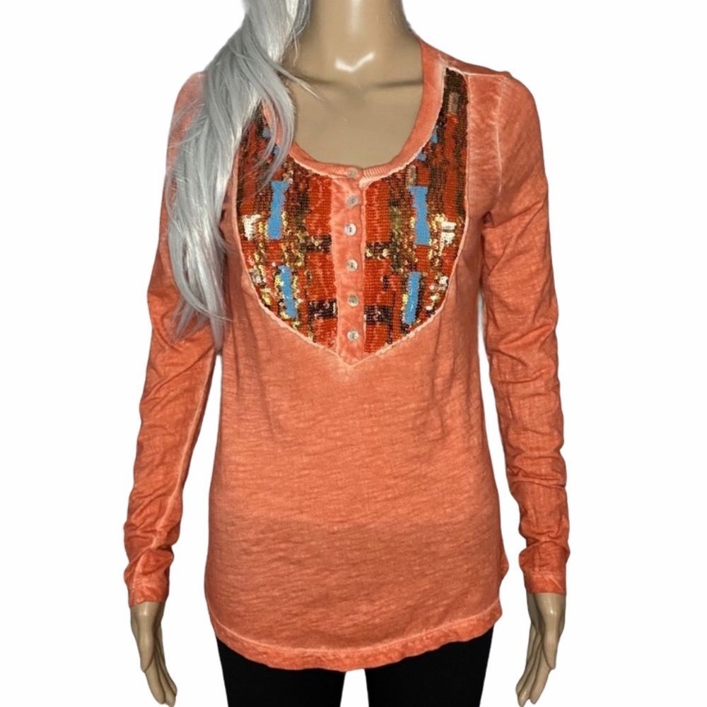Free People TIGER EYE Long Sleeve Boho Tee Aztec Orange Small